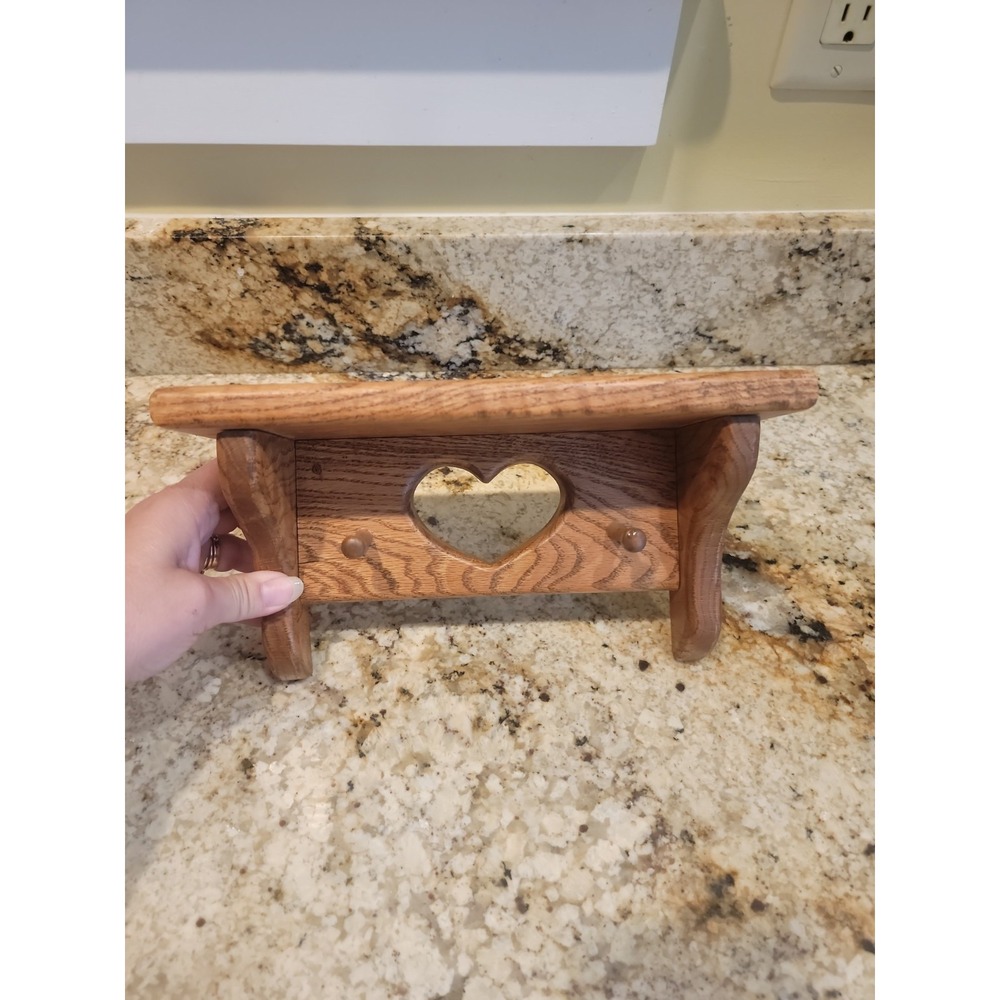 Vintage 11" Oak Wall Shelf Coat Rack Heart Cutout 2 Peg Country Farmhouse Decor